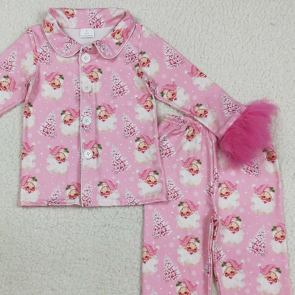 RTS NO MOQ (In stock)GLP2424 Baby Girls Winter Outfits Baby Girls Pink Fur Sleeve Santa Trees Button Top Pant Christmas Pajamas Set