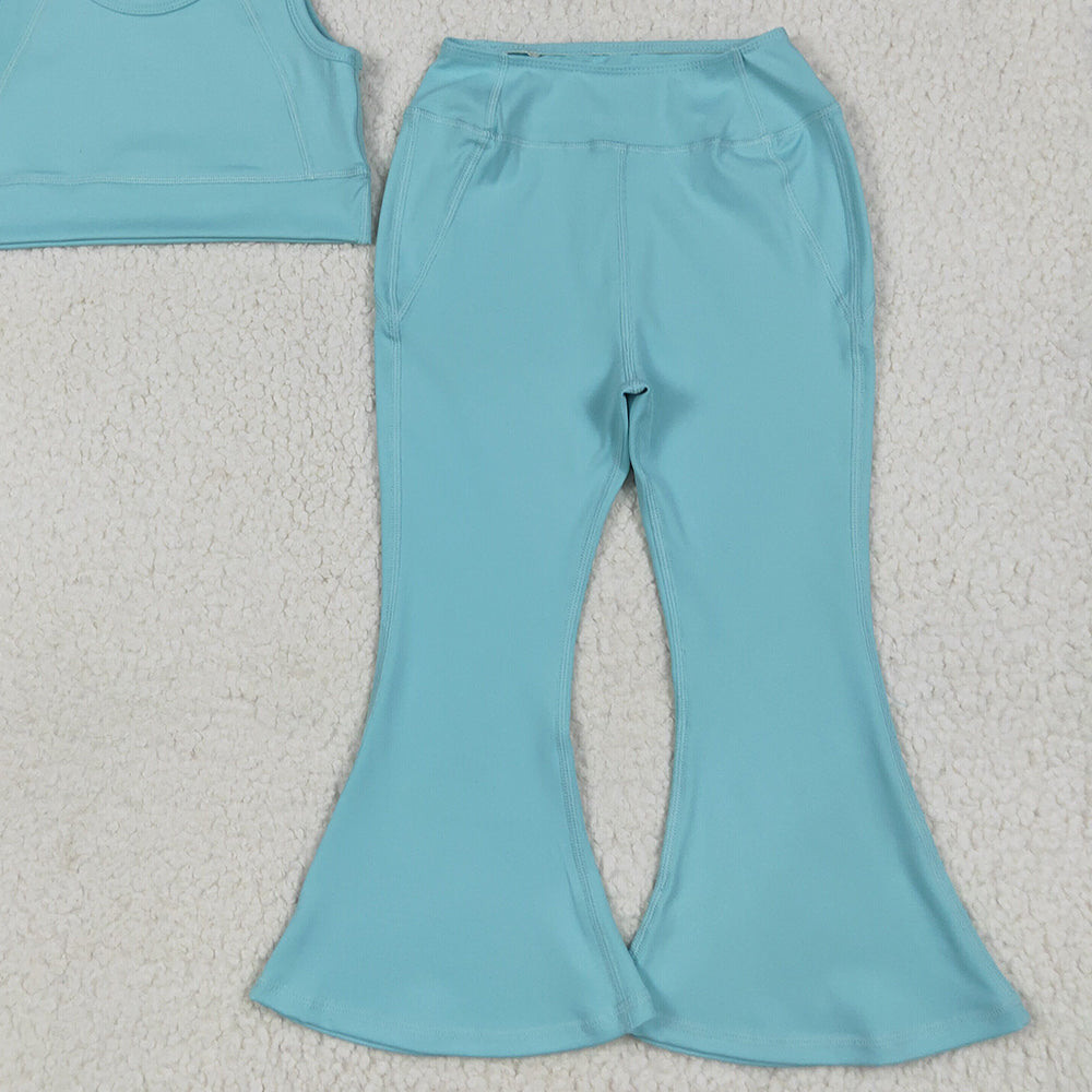 RTS NO MOQ (In stock)GSPO2004 Baby Girls Yoga Outfits Baby Girls Aqua Yoga Vest Bell Bottom Pants Active Wear Clothes Sets