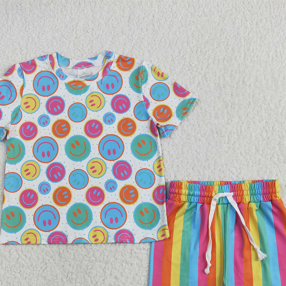 7.01 GSSO2609 RTS NO MOQ Baby Girls Summer Outfits Baby Girls Short Sleeves Colorful Smiles Top Short Pajamas Set