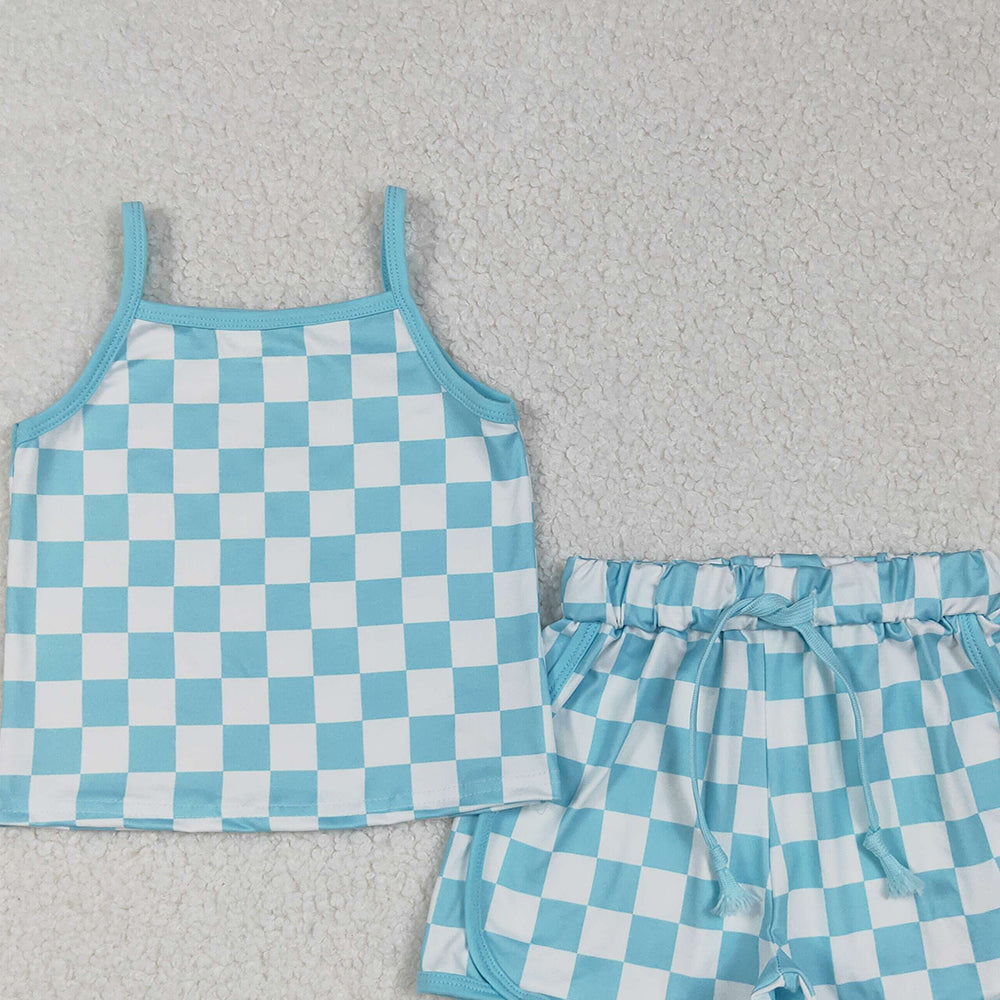 8.13 GSSO2332RTS NO MOQ Baby Girls Summer Outfits Baby Girls Blue Strap Plaid Top Short Sport Set