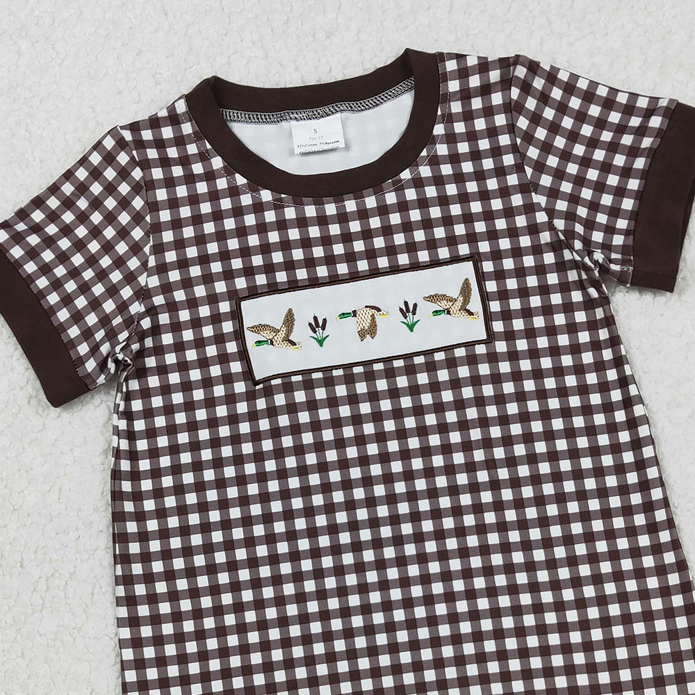 RTS NO MOQ (In stock)SR3164 Baby Boys Summer Rompers Brown Plaid Short Rompers with Ducks Design Short Sleeves Cute Infant Outfit