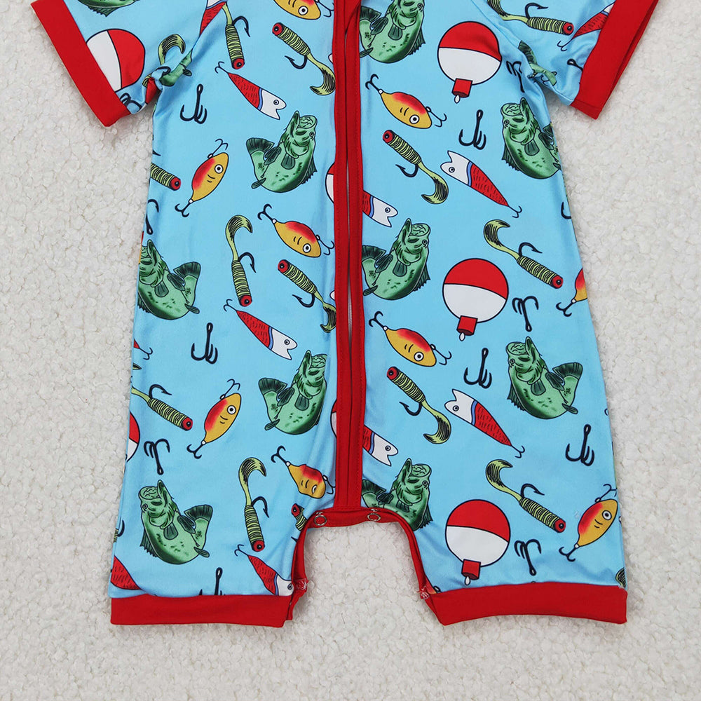 4.10 SR2707 RTS NO MOQ Baby Boys Summer Romper Baby Boys Blue Short Sleeves Fishes Hunting Zipper Rompers