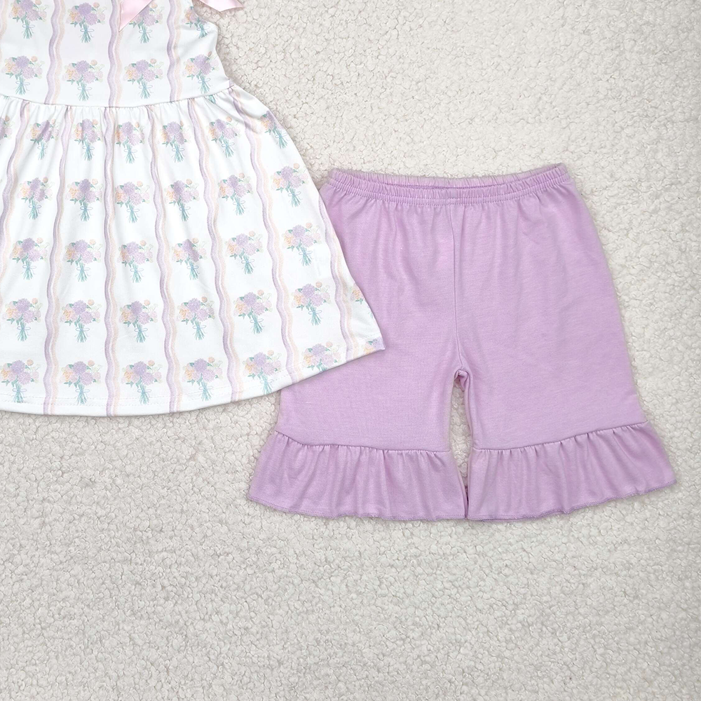 6.13 GSSO2430 RTS NO MOQ Baby Girls Summer Outfits Baby Girls Hot Pink Strap Floral Stripe Tunic Ruffle Short Set
