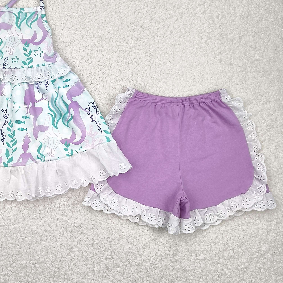 5.20 GSSO1675 RTS NO MOQ Baby Girls Summer Outfits Straps seaweed mermaid tunic ruffle shorts girls summer clothes