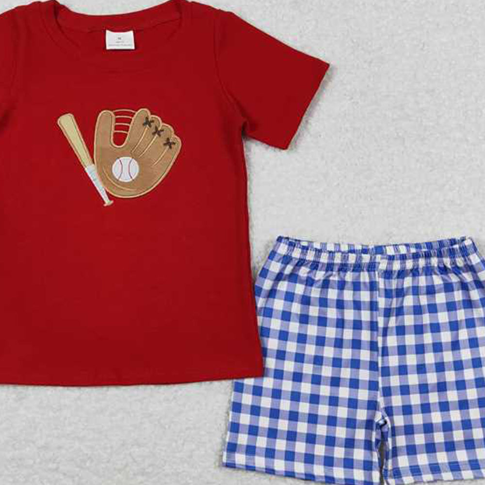 5.16 BSSO0353 RTS NO MOQ Red baseball top blue plaid shorts kids boys clothes