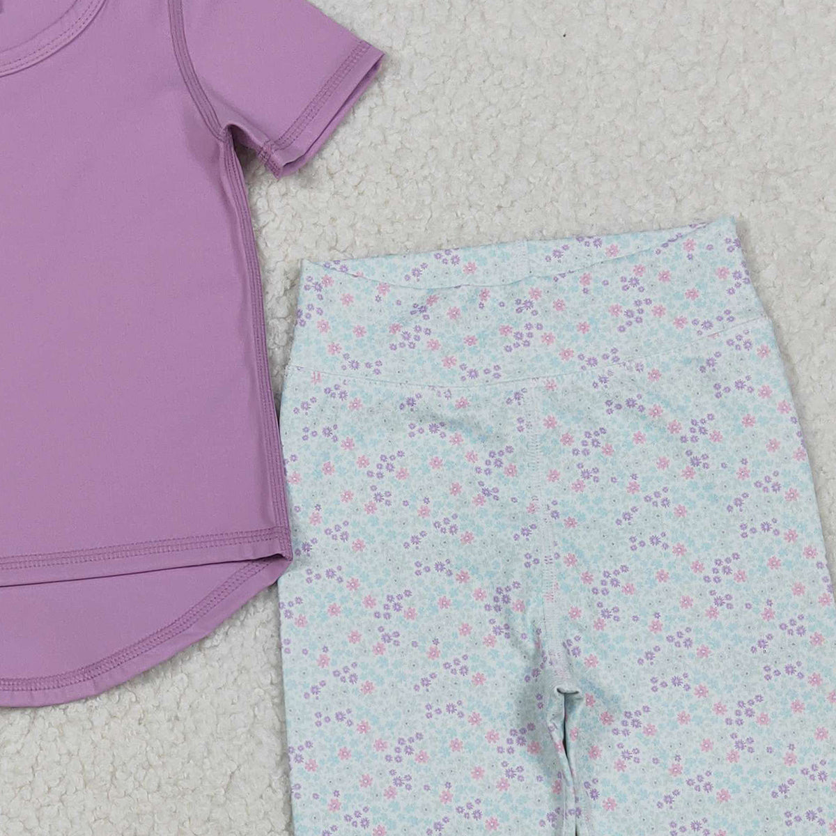 11.1 RTS NO MOQ (In stock)GSPO2067 Baby Girls Lavender Short Sleeve Top Floral Legging Pants Yoga Active Clothes Set
