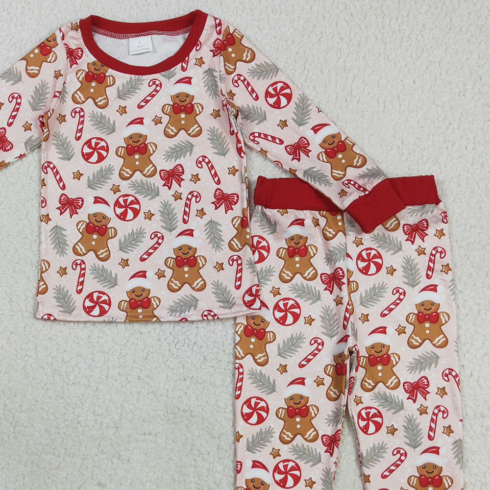 8.23 RTS NO MOQ (In stock)BLP1093 Baby Boys Winter Outfits Baby Boys Red Gingerbread Candy Cane Top Pant Christmas Pajamas Set