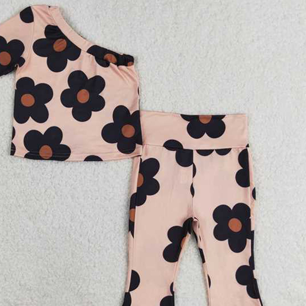 GLP1357 RTS NO MOQ Baby Girls One Shoulder Flowers Top Bell Pants Clothes Sets