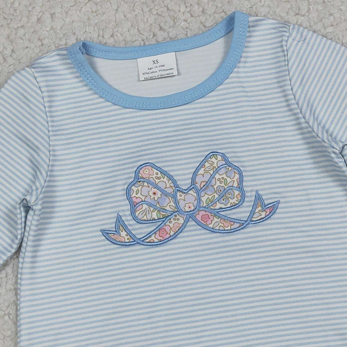 3.19 RTS NO MOQ (In stock)LR2917 Baby Girls Fashion Long Sleeve Embroidery Flowers Bow Blue Stripe Ruffle Rompers