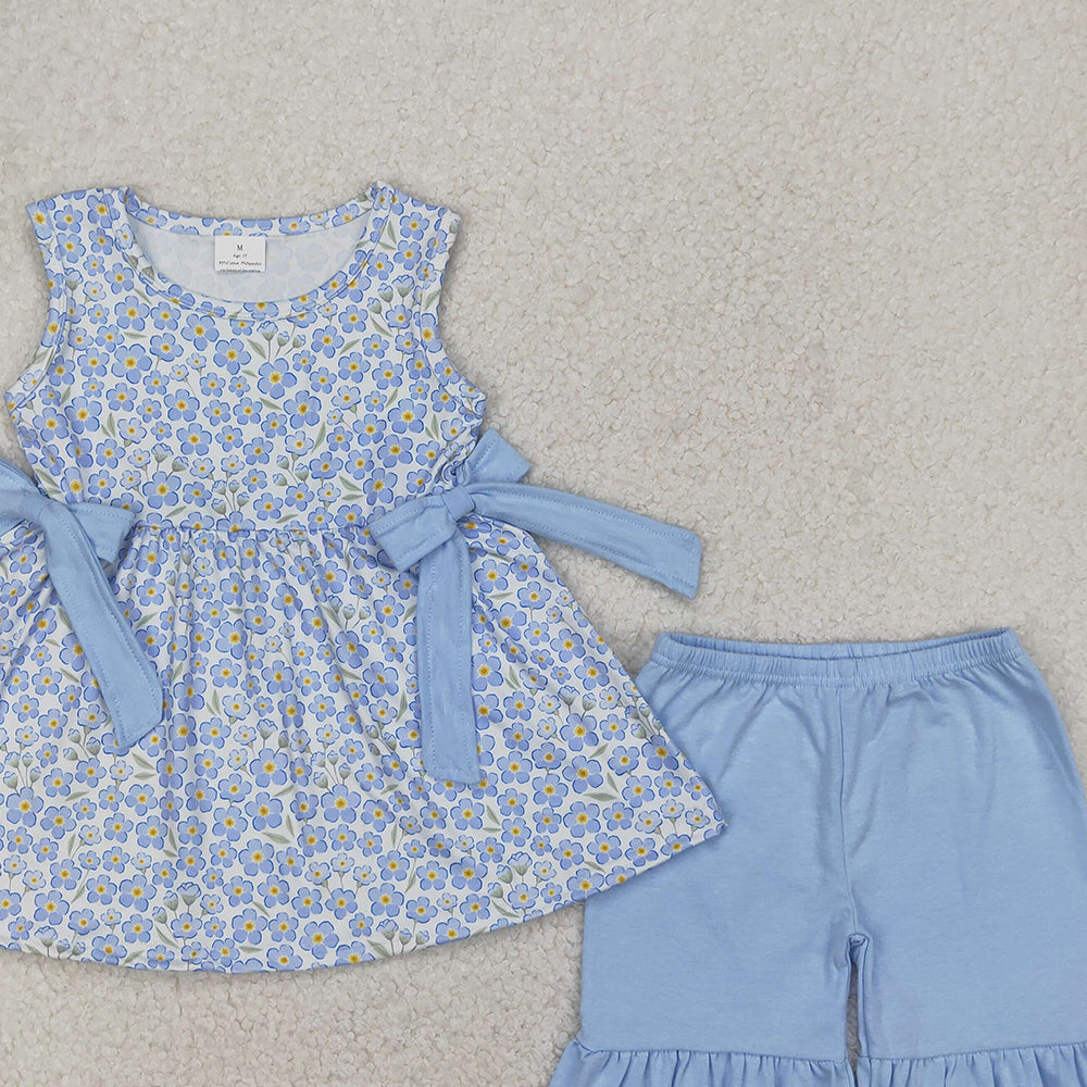 4.14 GSSO2204 RTS NO MOQ Baby Girls Summer Outfits Sleeveless floral bow tunic ruffle shorts girls clothing