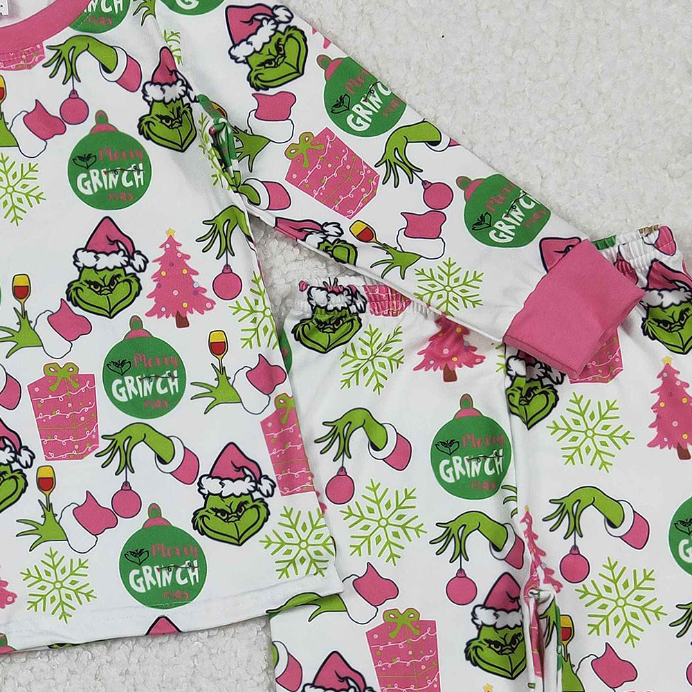 RTS NO MOQ (In stock)GLP2733 Baby Girls Winter Outfits Green Face Gifts Top Pants Christmas Pajamas Sets