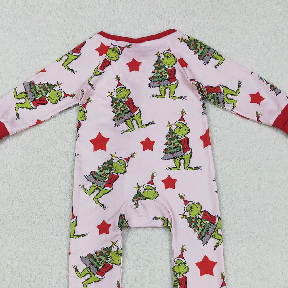 RTS NO MOQ (In stock)LR2496 Baby Girls Winter Rompers Green Faces Christmas Trees Ruffle Zipper Rompers for Holiday Outfit