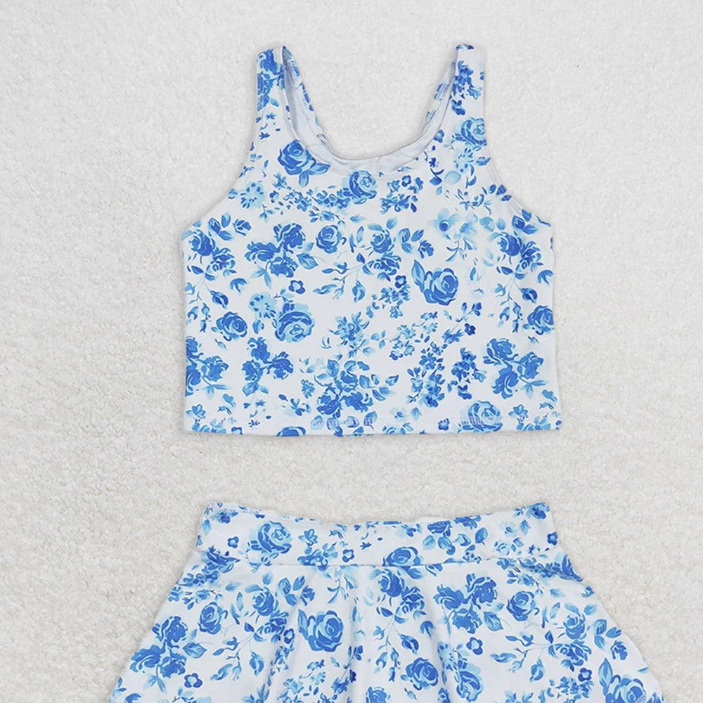 GSD0995 RTS NO MOQ Baby Girls Yoga Outfits Baby Girls Summer Blue Flowers Top Skirts Active Wear Clothes Sets