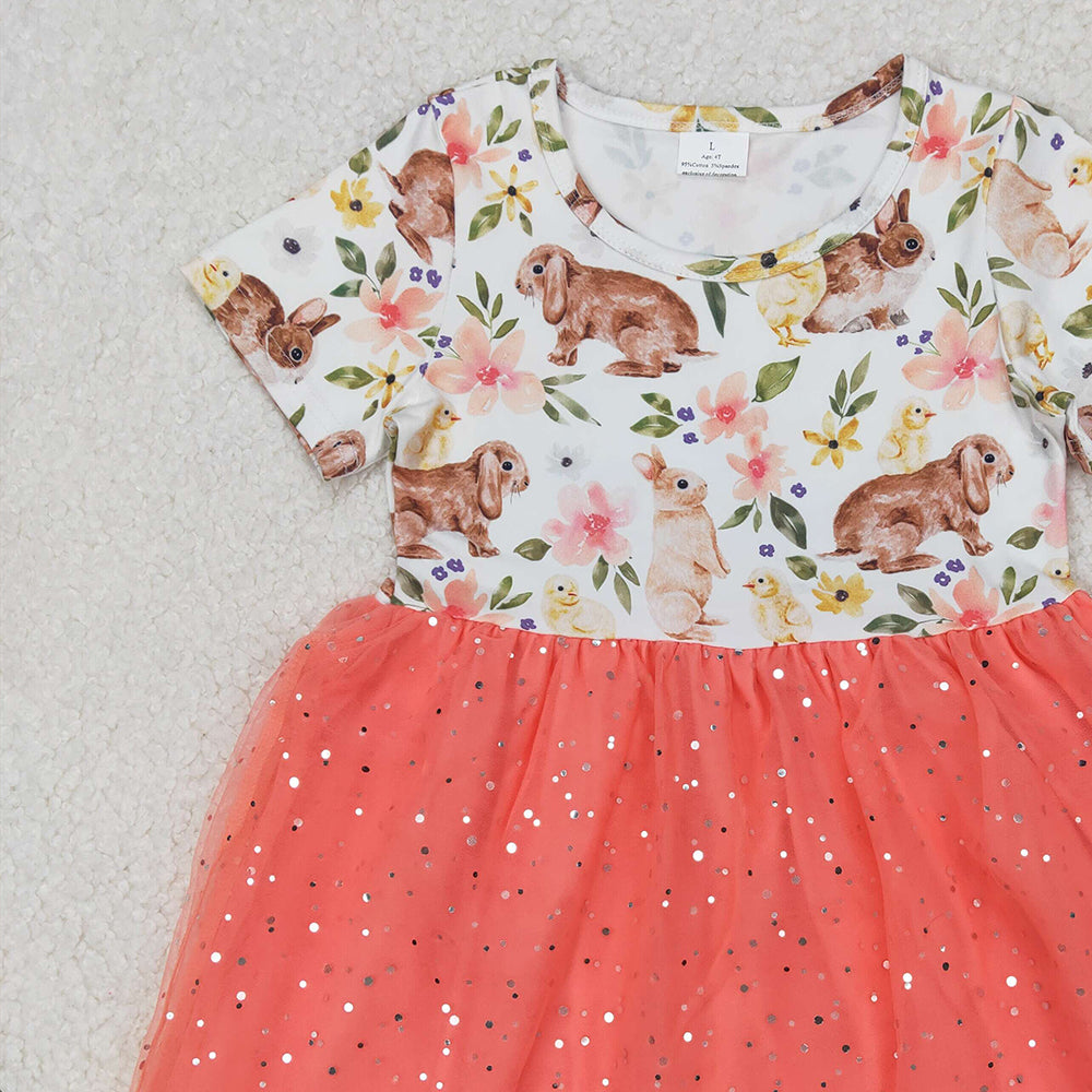 6.16 GSD2445 RTS NO MOQ Baby Girls Summer Dress Flower bunny sequin orange-red tulle short-sleeved dress