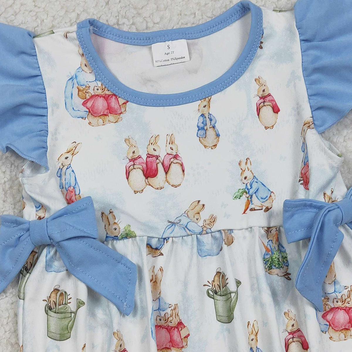 1.24 RTS NO MOQ (In stock)SR3833 Baby Girls Flutter Sleeve Rabbits Bows Easter Ruffle Rompers