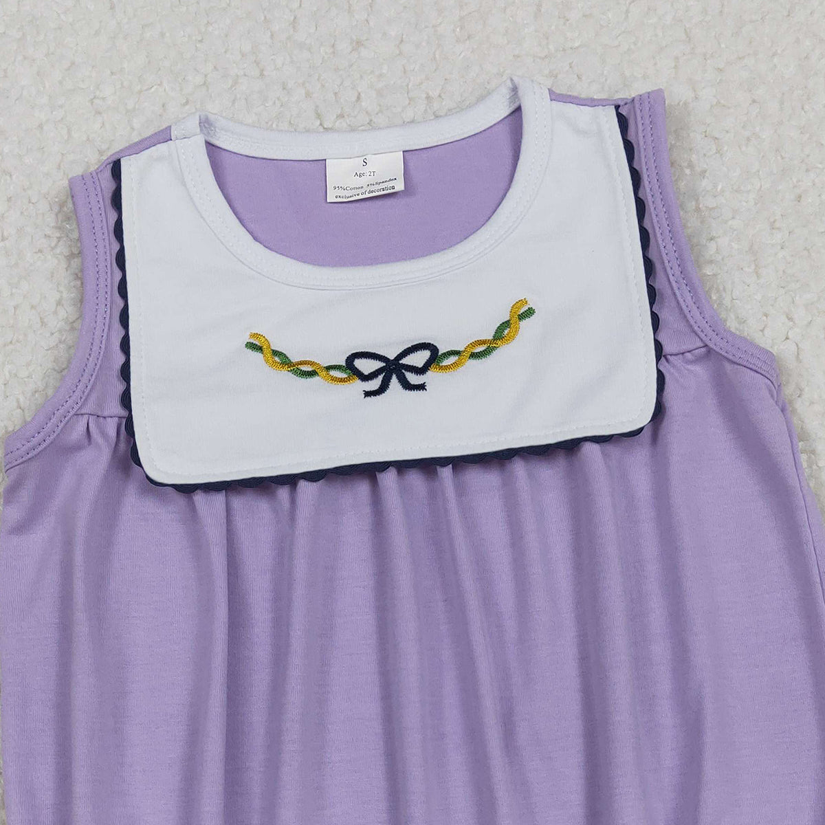 11.6 RTS NO MOQ (In stock)SR3235 Baby Girls Summer Rompers Embroidery Bows Baby Girls Sleeveless Mardigrass Ruffle Rompers