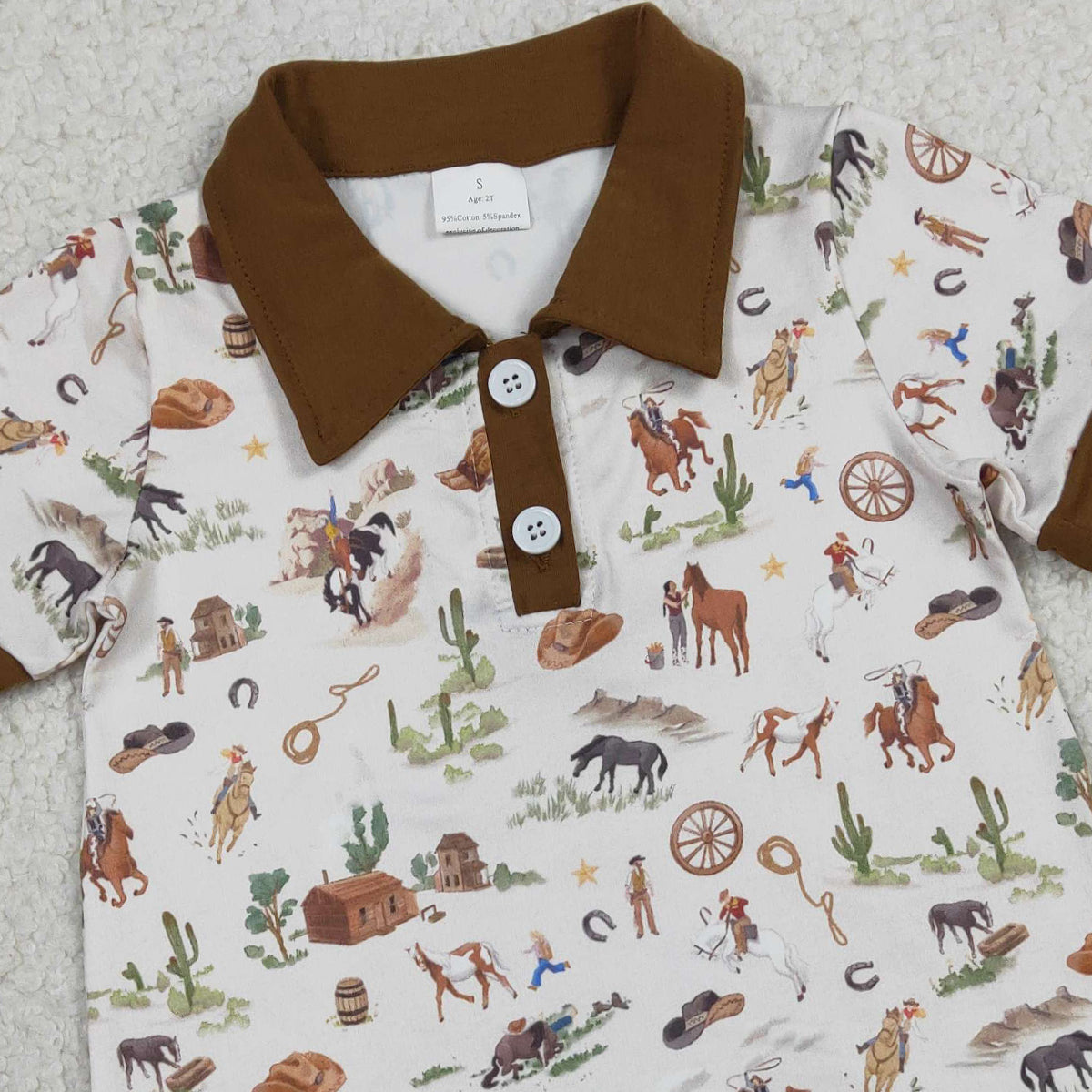 3.23 RTS NO MOQ (In stock)SR3882 Children's Fashion Romper Baby Boys Short Sleeve Button Horse Rodeos Cactus Western Short Rompers