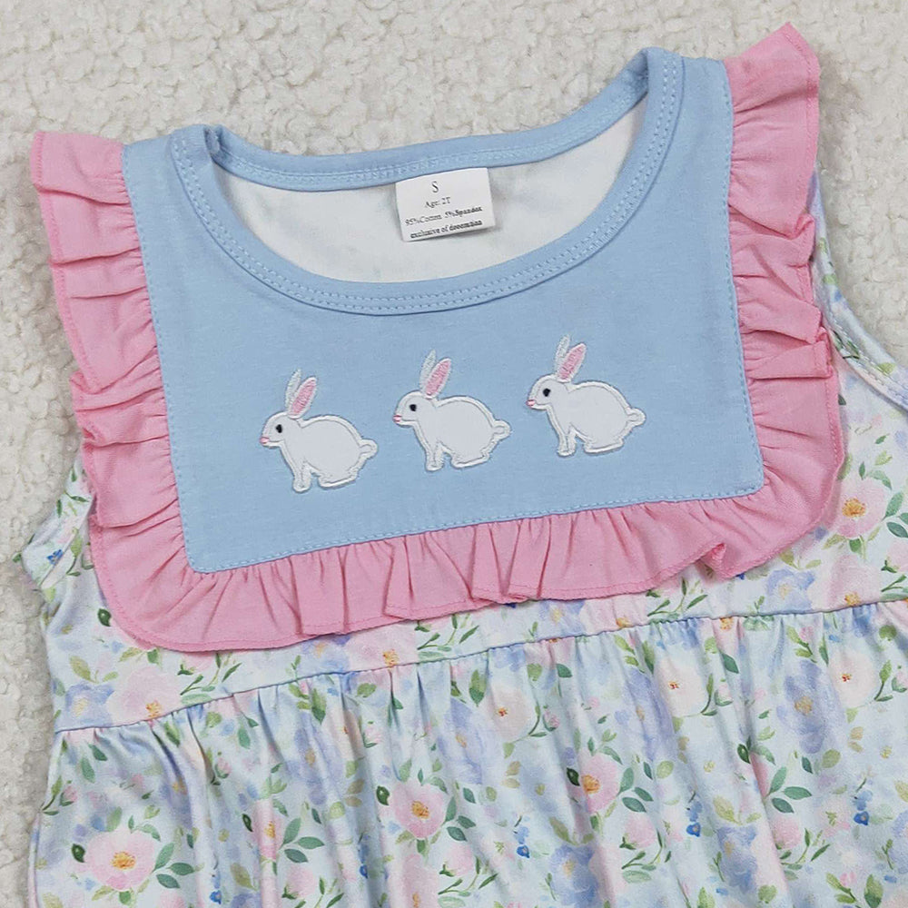 1.28 RTS NO MOQ (In stock)SR3271 Embroidery Rabbits Baby Girls Flowers Easter Ruffle Rompers