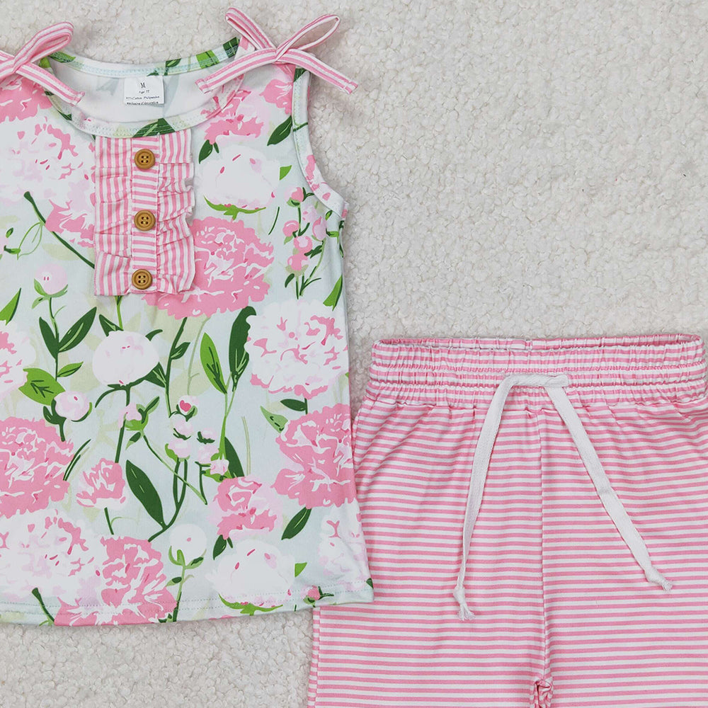 5.16 GSSO2357 RTS NO MOQ Sleeveless pink floral top stripe shorts girls clothing set