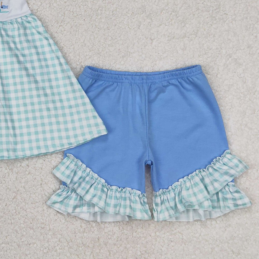 5.19 GSSO2148 RTS NO MOQ Flutter sleeves fishing plaid tunic shorts girls summer clothes