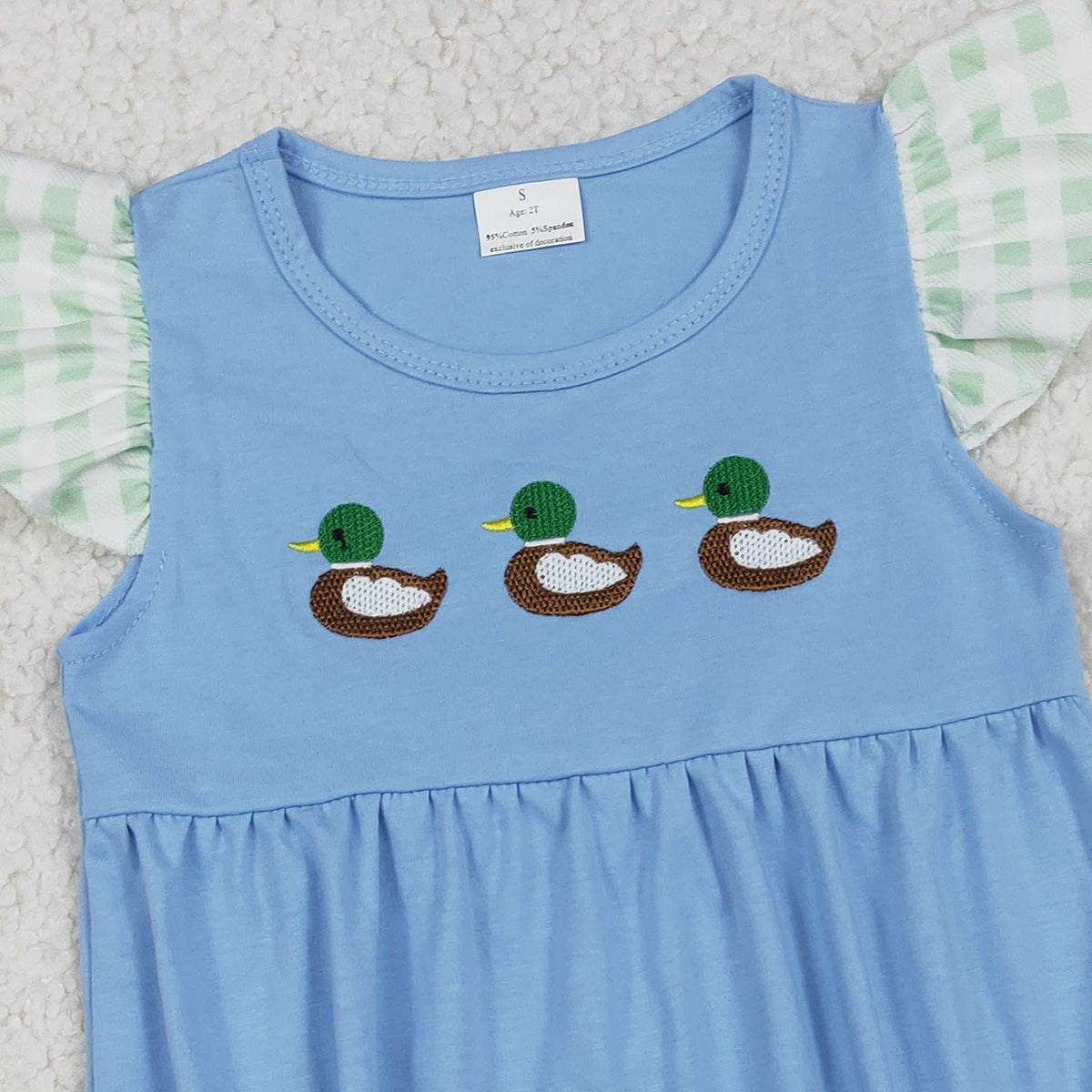 1.9 RTS NO MOQ (In stock)SR3266 Embroidery Ducks Baby Girls Flutter Sleeve Hunting Ruffle Rompers