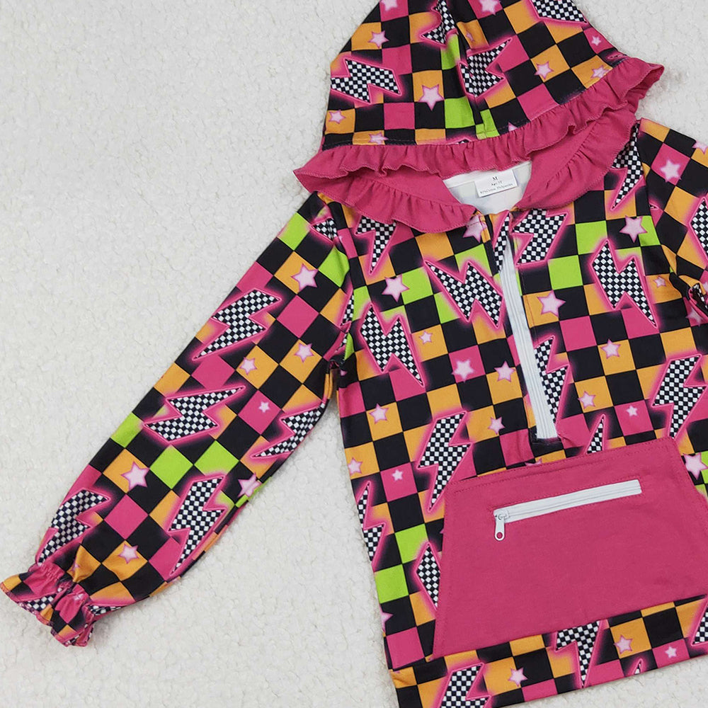 RTS NO MOQ (In stock)GT1117 Baby Girls Long Sleeve Tops Plaid Thunder Ruffle Zipper Hoodie Long Sleeves for Girls