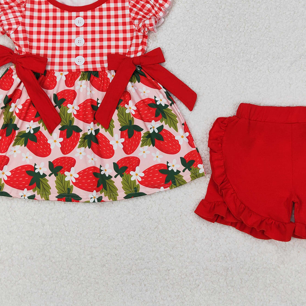 GSSO1648 RTS NO MOQ Girls Red Plaid Short Sleeve Tunic Short Set Cute Strawberry Design Children's Clothing Outfit