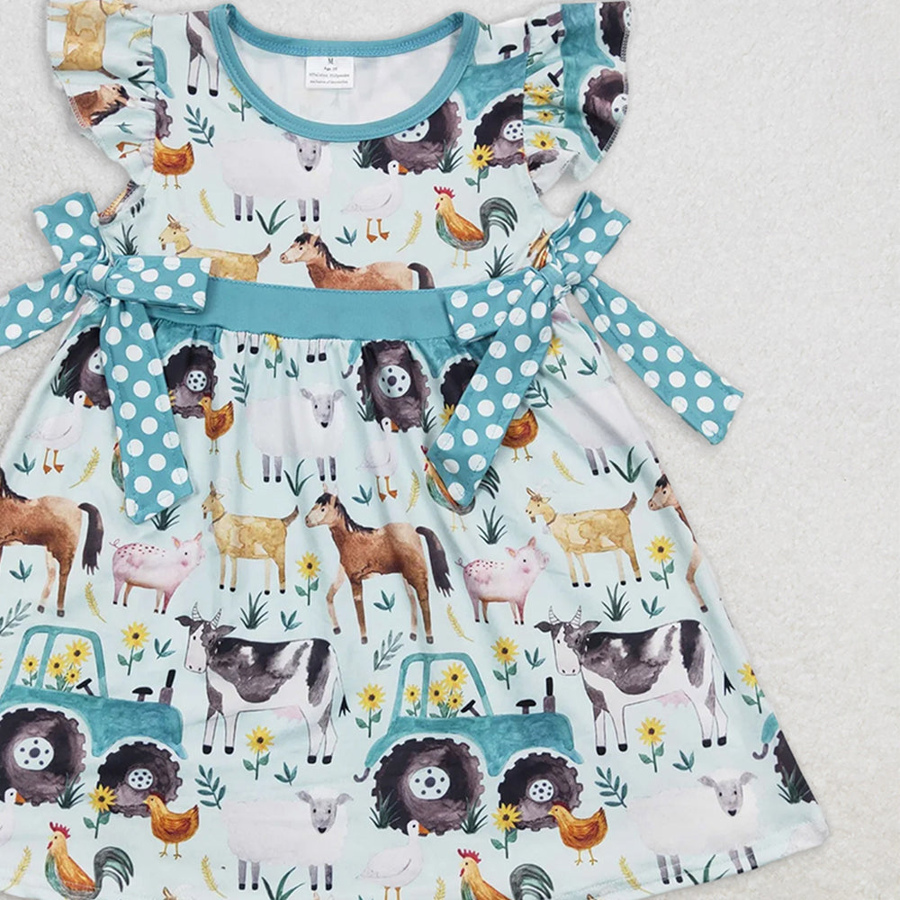 GSD0162 RTS NO MOQ Baby Girls Summer Dress Girls farm car cow horse pig chicken flying sleeve dress