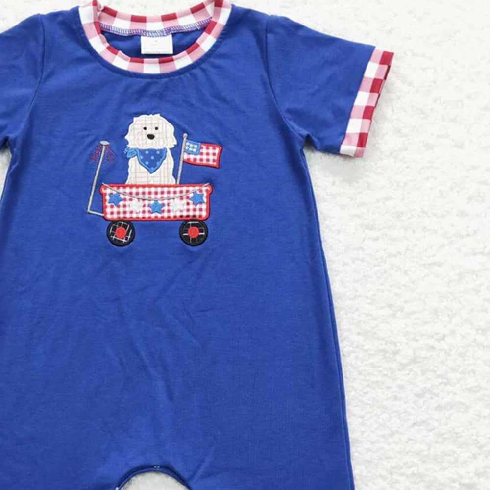 6.03 New Rts No Moq 8-9 Days By Air Arrived it Blue Short-Sleeved Baby Boy Onesie 4th of July Dog Print Outfit Set for Boys under 3 Years Old