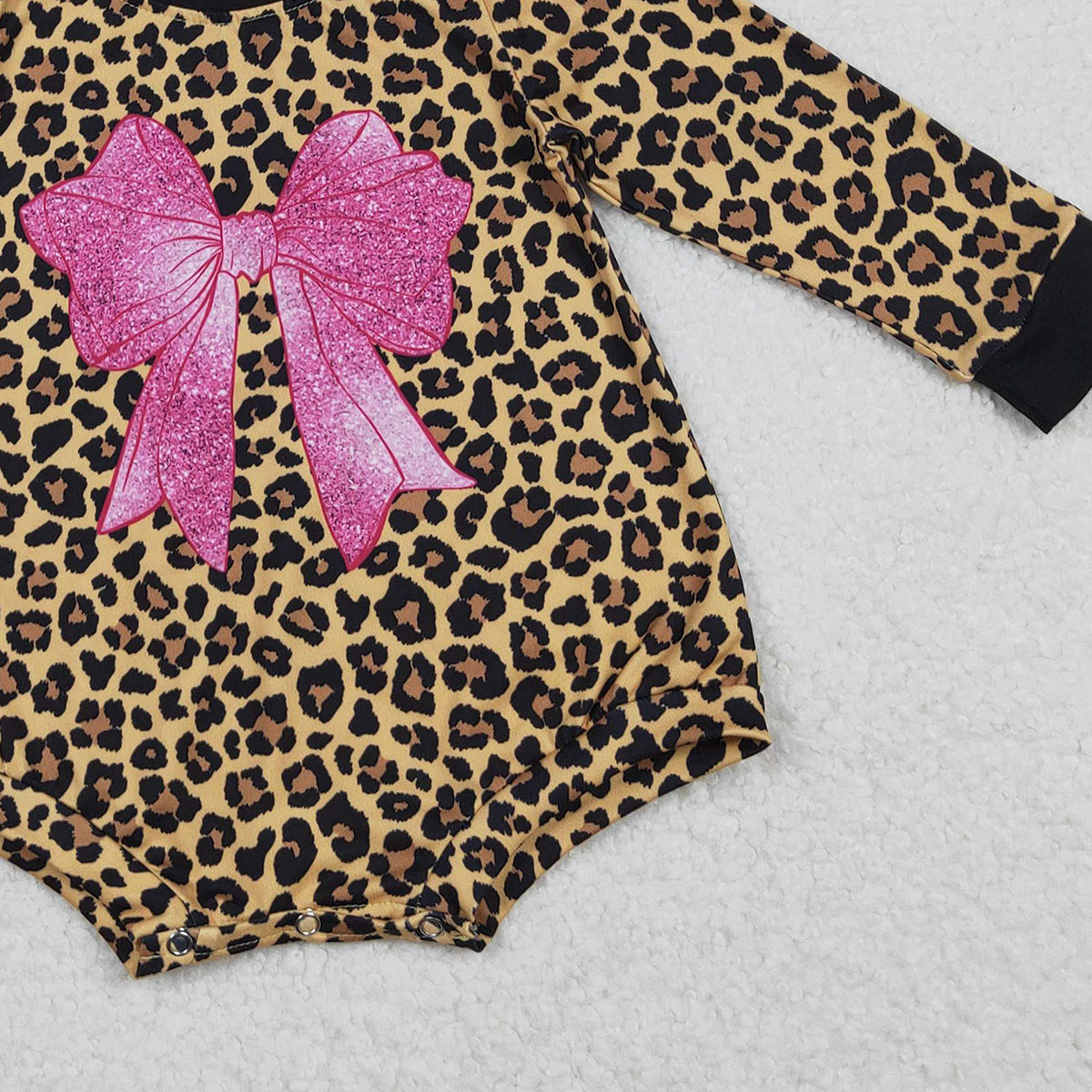 11.18 RTS NO MOQ (In stock)LR2775 Baby Girls Winter Rompers Baby Girls Long Sleeve Leopard Pink Bows Rompers