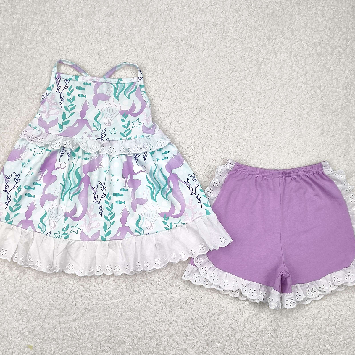 5.20 GSSO1675 RTS NO MOQ Baby Girls Summer Outfits Straps seaweed mermaid tunic ruffle shorts girls summer clothes