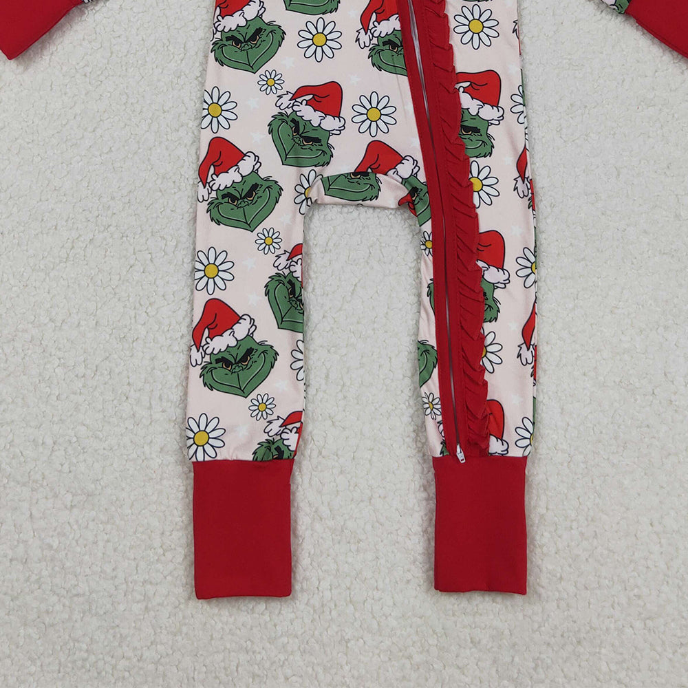 RTS NO MOQ (In stock)LR2489Baby Girls Winter Rompers Baby Girls Green Face Flowers Ruffle Zipper Christmas Rompers