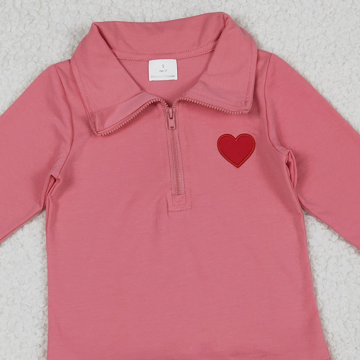 11.20 RTS NO MOQ (In stock)GT1271 Embroidery Hearts Baby Girls Long Sleeve Zipper Valentines Pullovers Top
