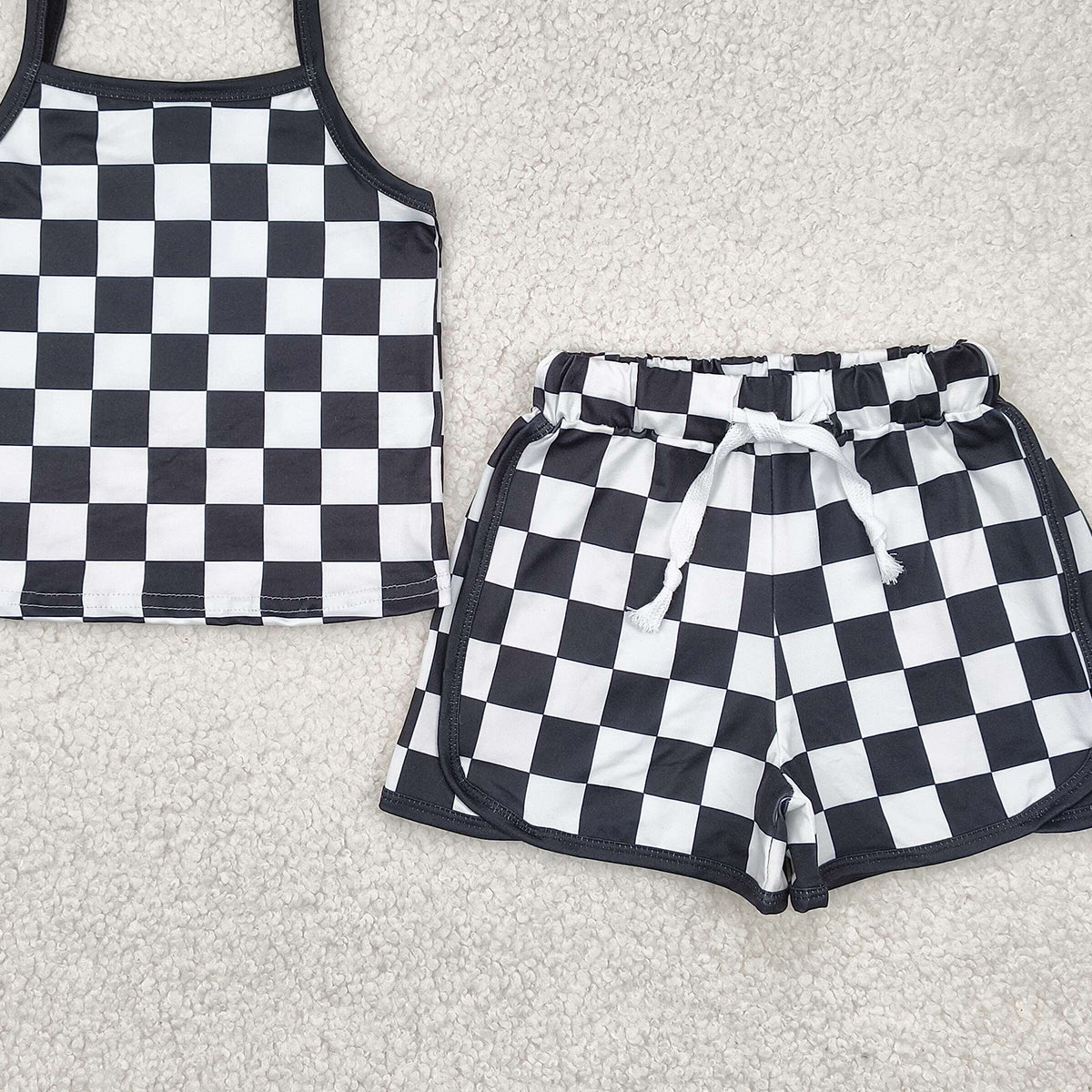 5.17 GSSO2334 RTS NO MOQ Baby Girls Summer Outfits Baby Girls Black Checked Shorts Set