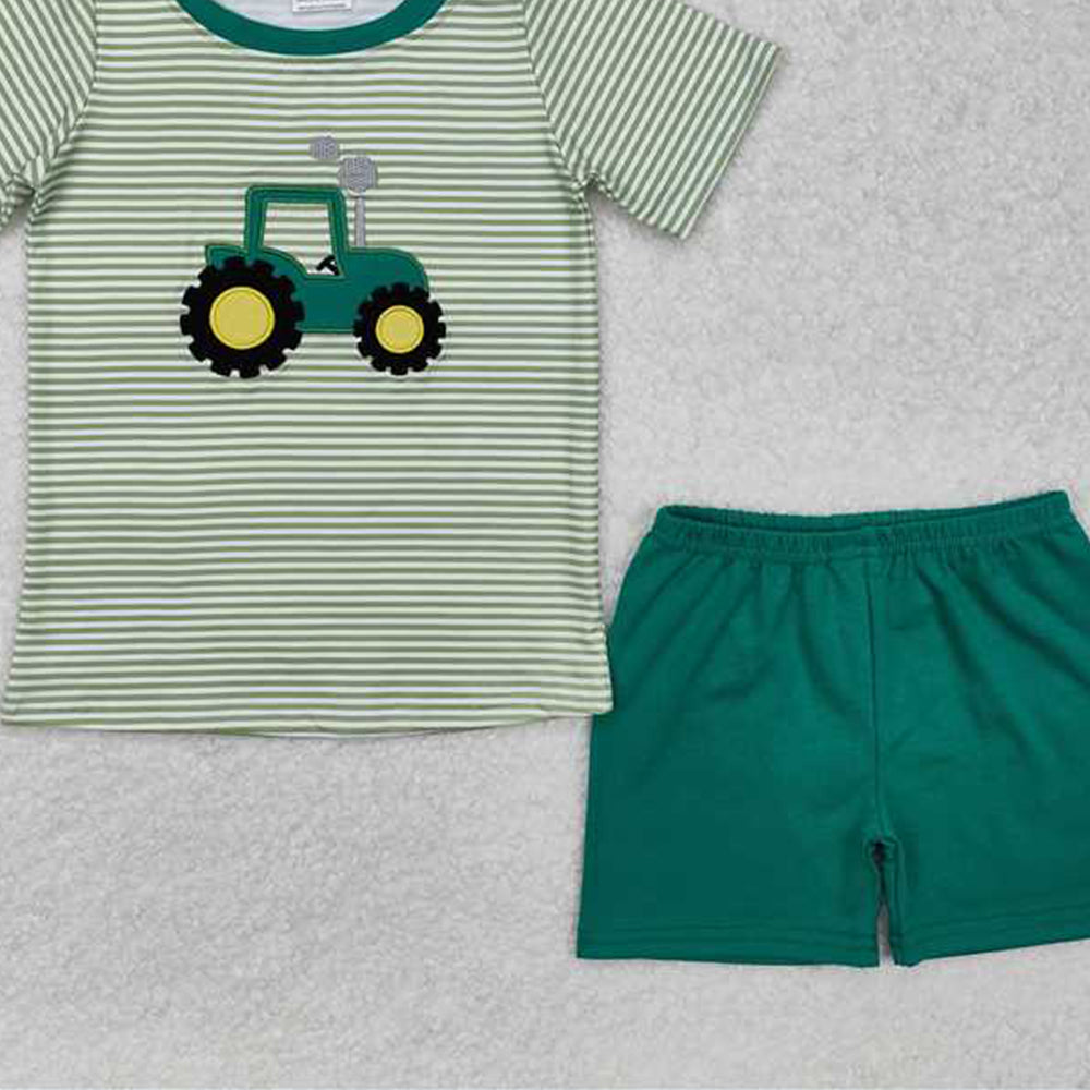 6.09 BSSO1184 RTS NO MOQ Baby Boys Summer Boys Outfits Baby Boys Short Sleeves Embroidery Truck Print Stripe Top Green Shorts Farm Set