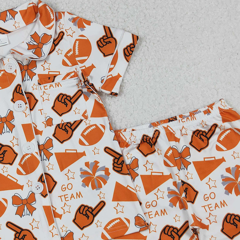RTS NO MOQ (In stock)GSSO2676 Baby Girls Winter Outfits Kids Girls Short Sleeve Yellow Bow Team Cheer Pajamas Comfortable Sleepwear for Children