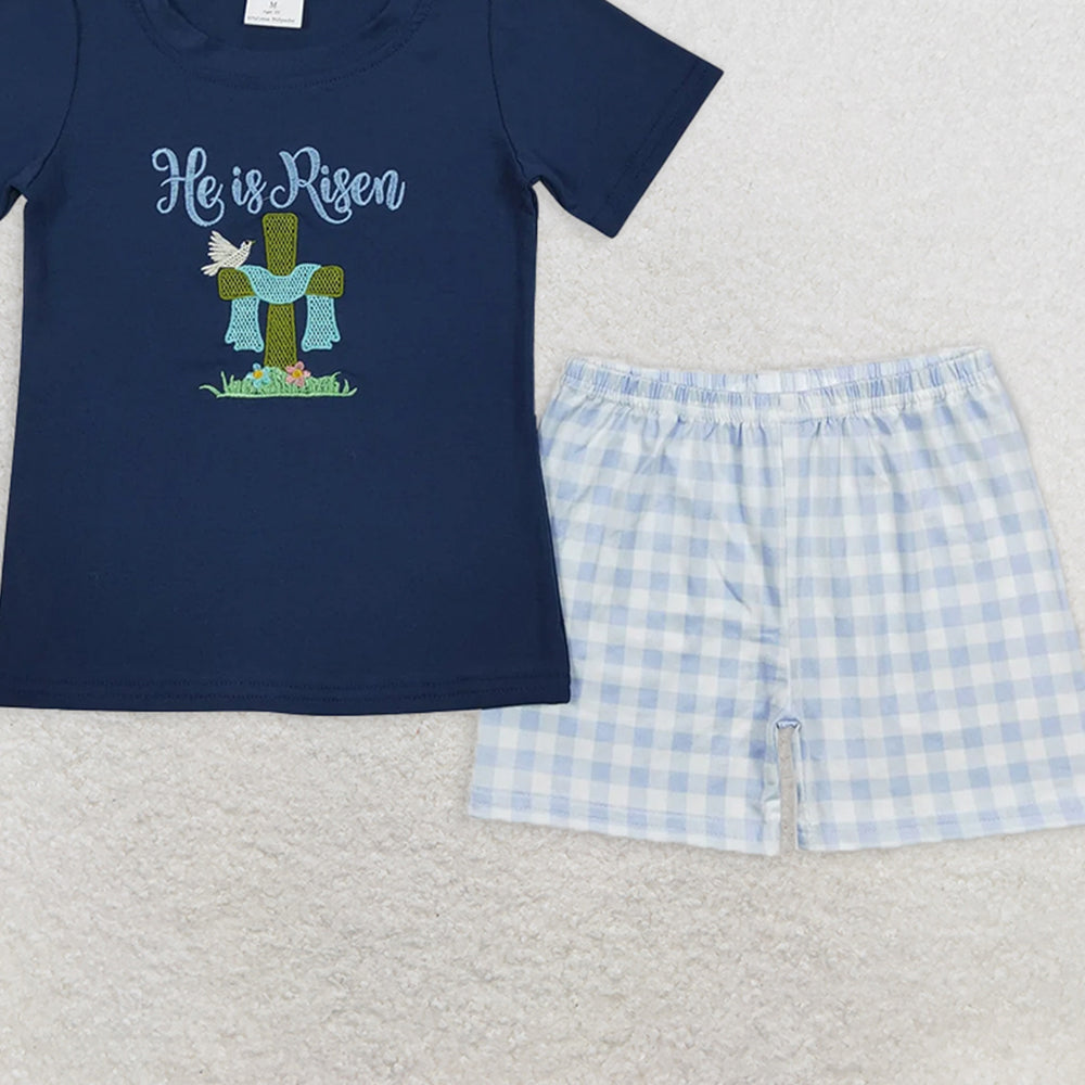 BSSO0319 RTS NO MOQ Baby Boys Summer Boys Outfits Baby Boys embroidery Easter He Is Risen Shirt Tee Black Shorts Clothes Sets