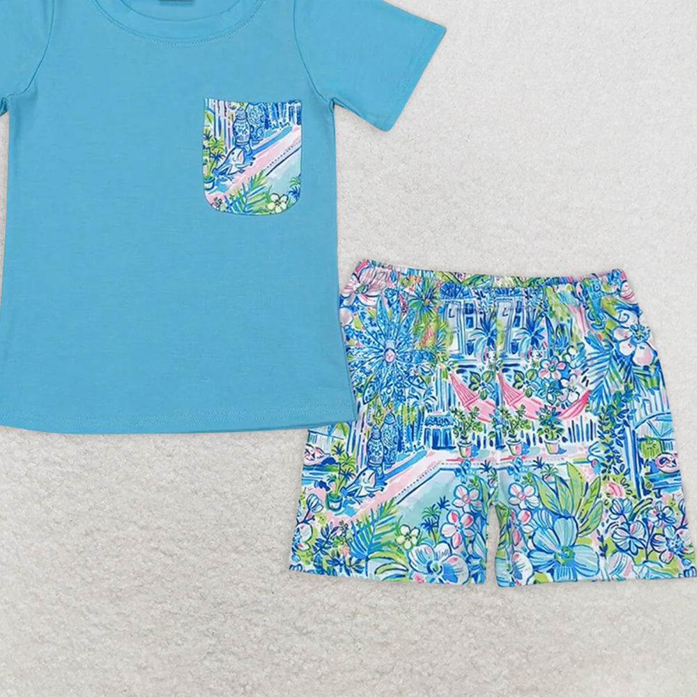 BSSO0840 RTS NO MOQ Baby Boys Summer Boys Outfits Baby Boys Blue Top Floral Shorts Set