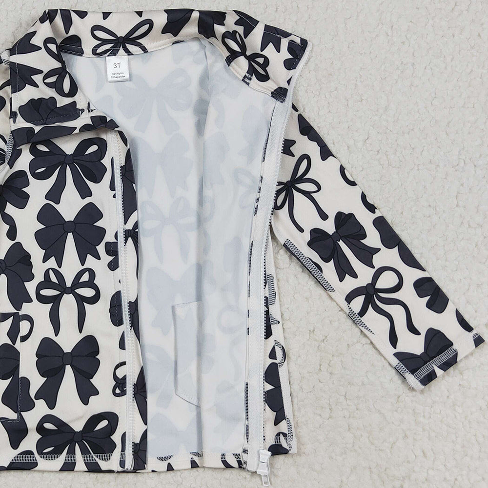 RTS NO MOQ (In stock)GT1084 Baby Girls Yoga Tops Baby Girls Long Sleeves Black Bows Zipper Pockets Yoga Jacket Tops