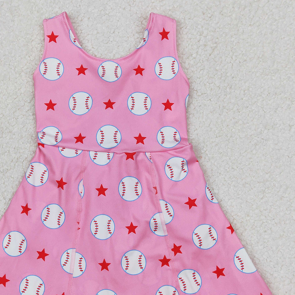 4.14 GSD2135 RTS NO MOQ Sleeveless pink baseball stars kids girls athletic dresses