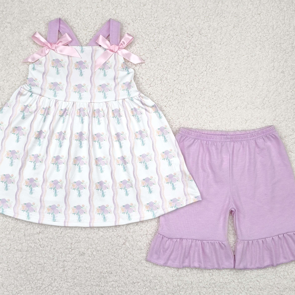 6.13 GSSO2430 RTS NO MOQ Baby Girls Summer Outfits Baby Girls Hot Pink Strap Floral Stripe Tunic Ruffle Short Set