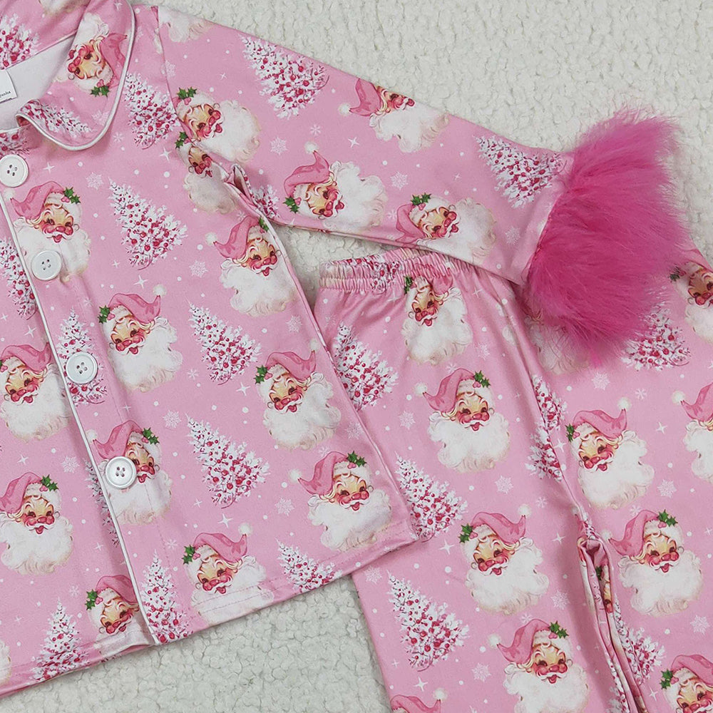 RTS NO MOQ (In stock)GLP2424 Baby Girls Winter Outfits Baby Girls Pink Fur Sleeve Santa Trees Button Top Pant Christmas Pajamas Set