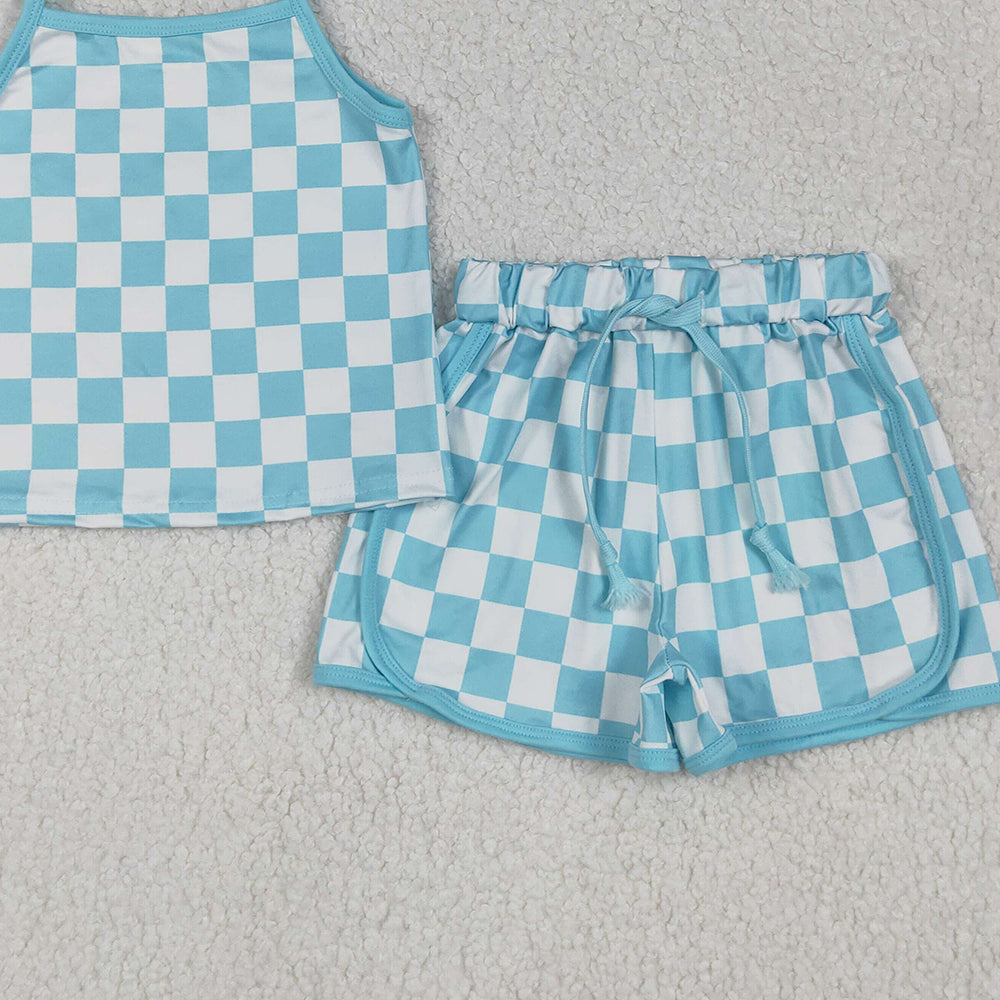 8.13 GSSO2332RTS NO MOQ Baby Girls Summer Outfits Baby Girls Blue Strap Plaid Top Short Sport Set
