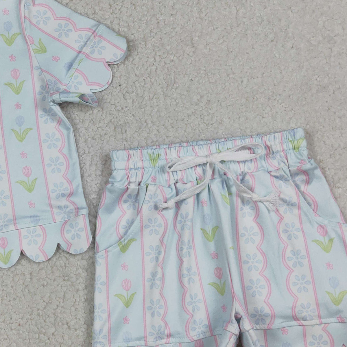 4.8 GSSO3412 RTS NO MOQ (In stock)Short sleeves light blue floral scallop kids girls summer outfits