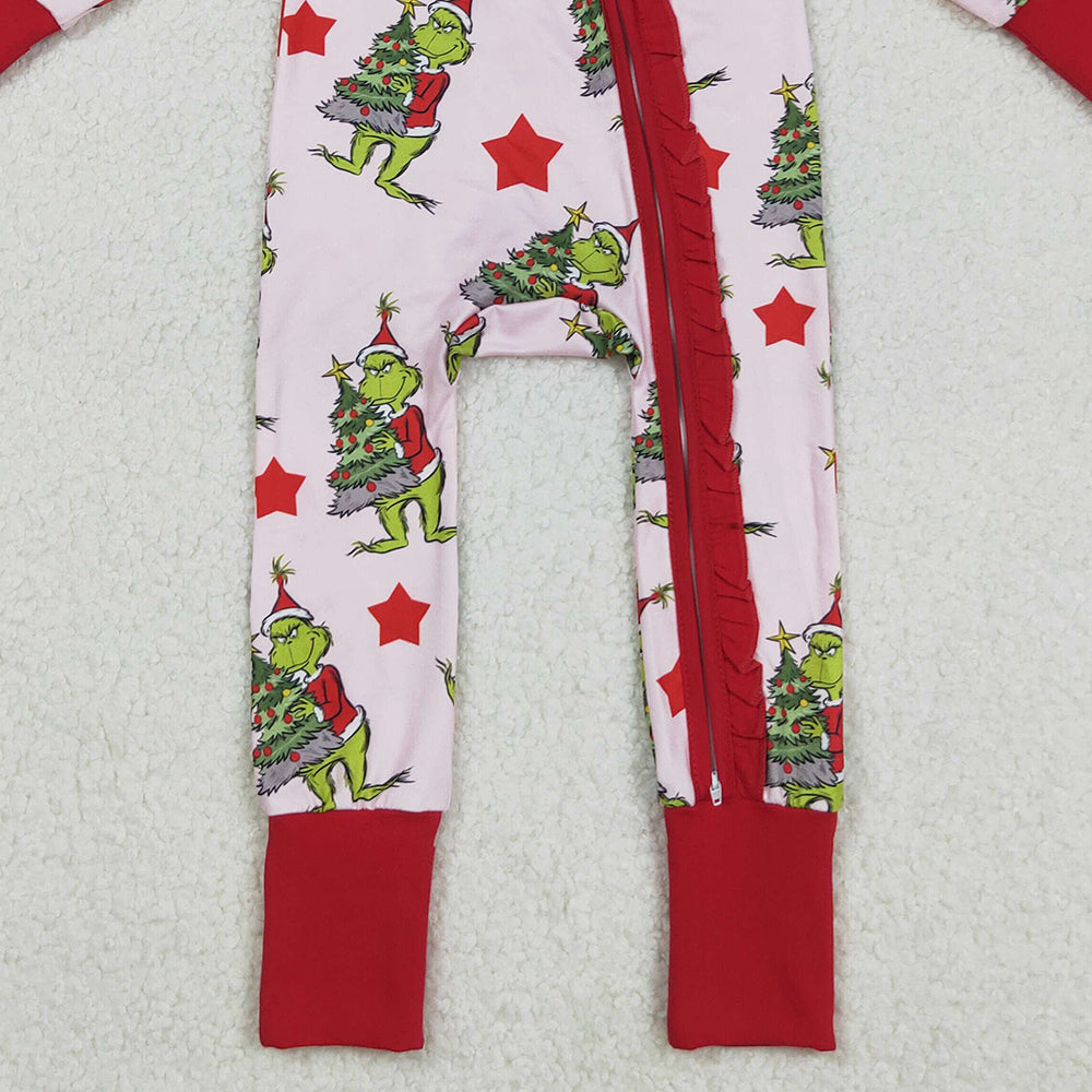 RTS NO MOQ (In stock)LR2496 Baby Girls Winter Rompers Green Faces Christmas Trees Ruffle Zipper Rompers for Holiday Outfit