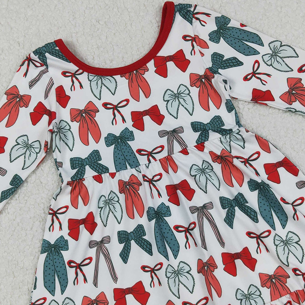 RTS NO MOQ (In stock)GLD1250 Baby Girls Winter Dress Green Red Bows Plaid Christmas Ruffle Knee Length Dresses