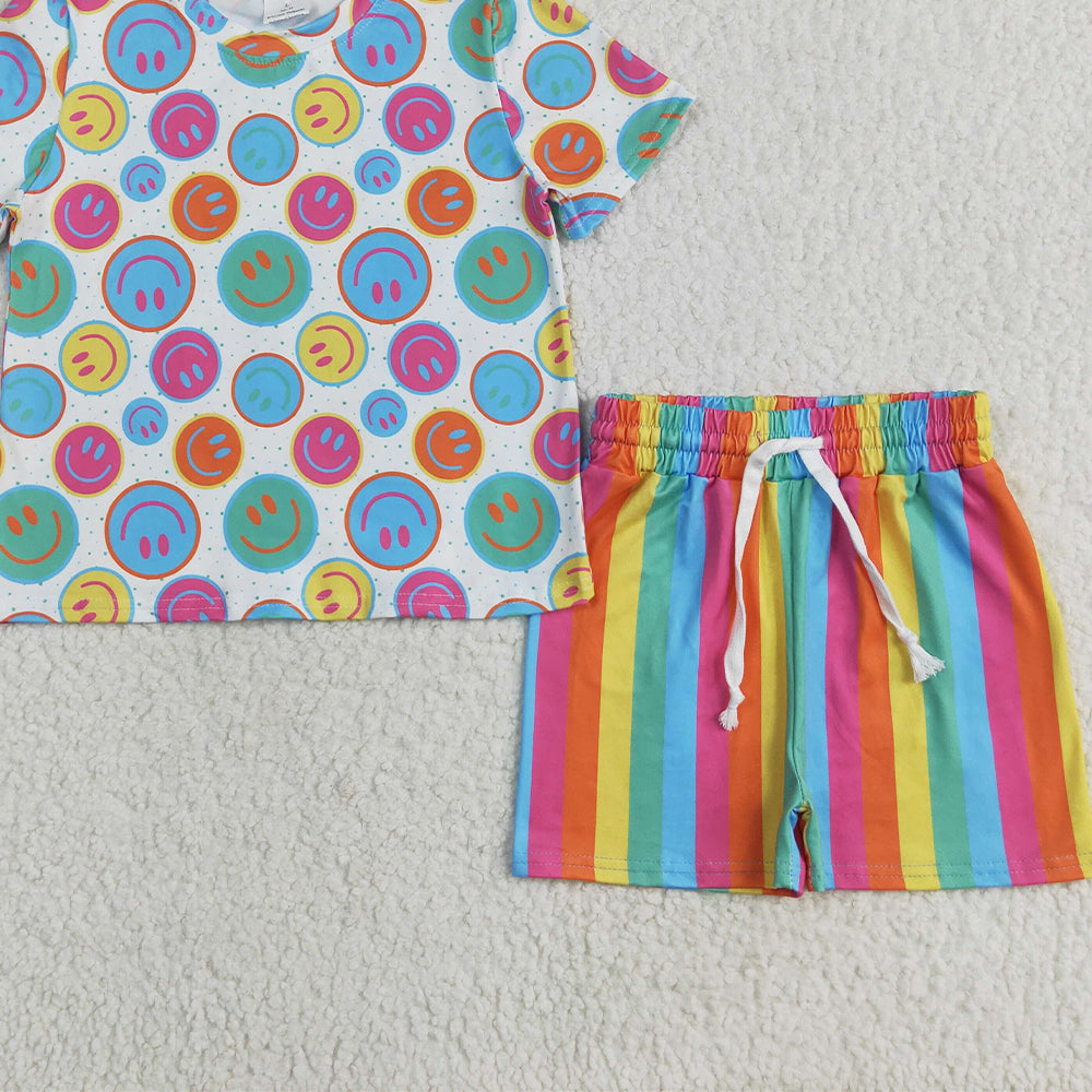 7.01 GSSO2609 RTS NO MOQ Baby Girls Summer Outfits Baby Girls Short Sleeves Colorful Smiles Top Short Pajamas Set