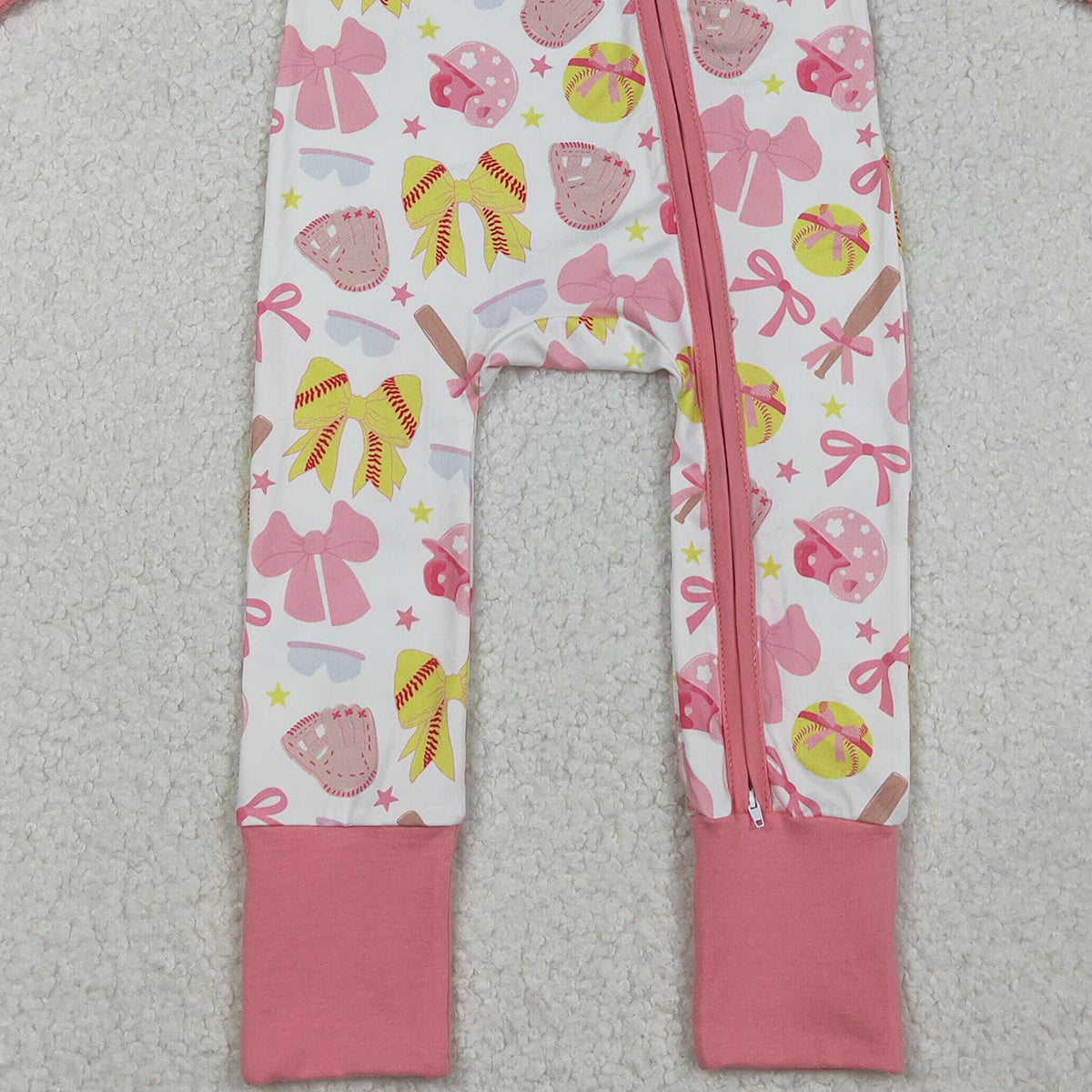 10.23 RTS NO MOQ (In stock)LR2705 Baby Girls Winter Rompers Baby Girls Pink Yellow Baseballs Bows Team Zipper Footie Rompers