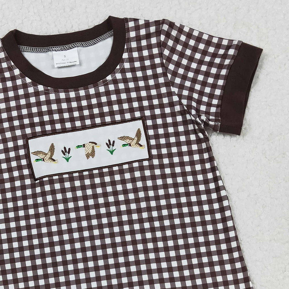 RTS NO MOQ (In stock)SR3164 Baby Boys Summer Rompers Brown Plaid Short Rompers with Ducks Design Short Sleeves Cute Infant Outfit