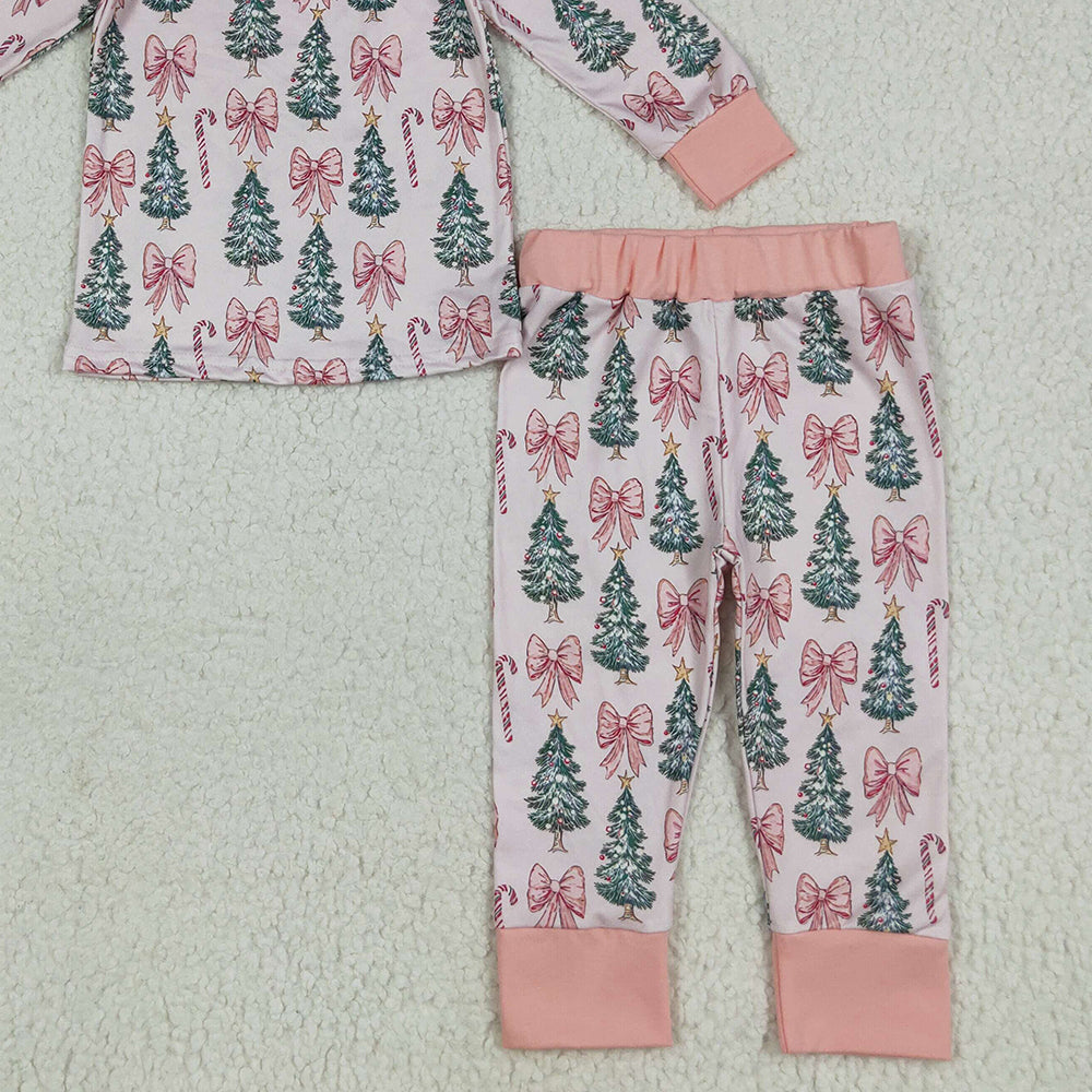8.14 GLP2423RTS NO MOQ Baby Girls Winter Outfits Baby Girls Pink Long Sleeves Bows Trees Top Pant Pajamas Set